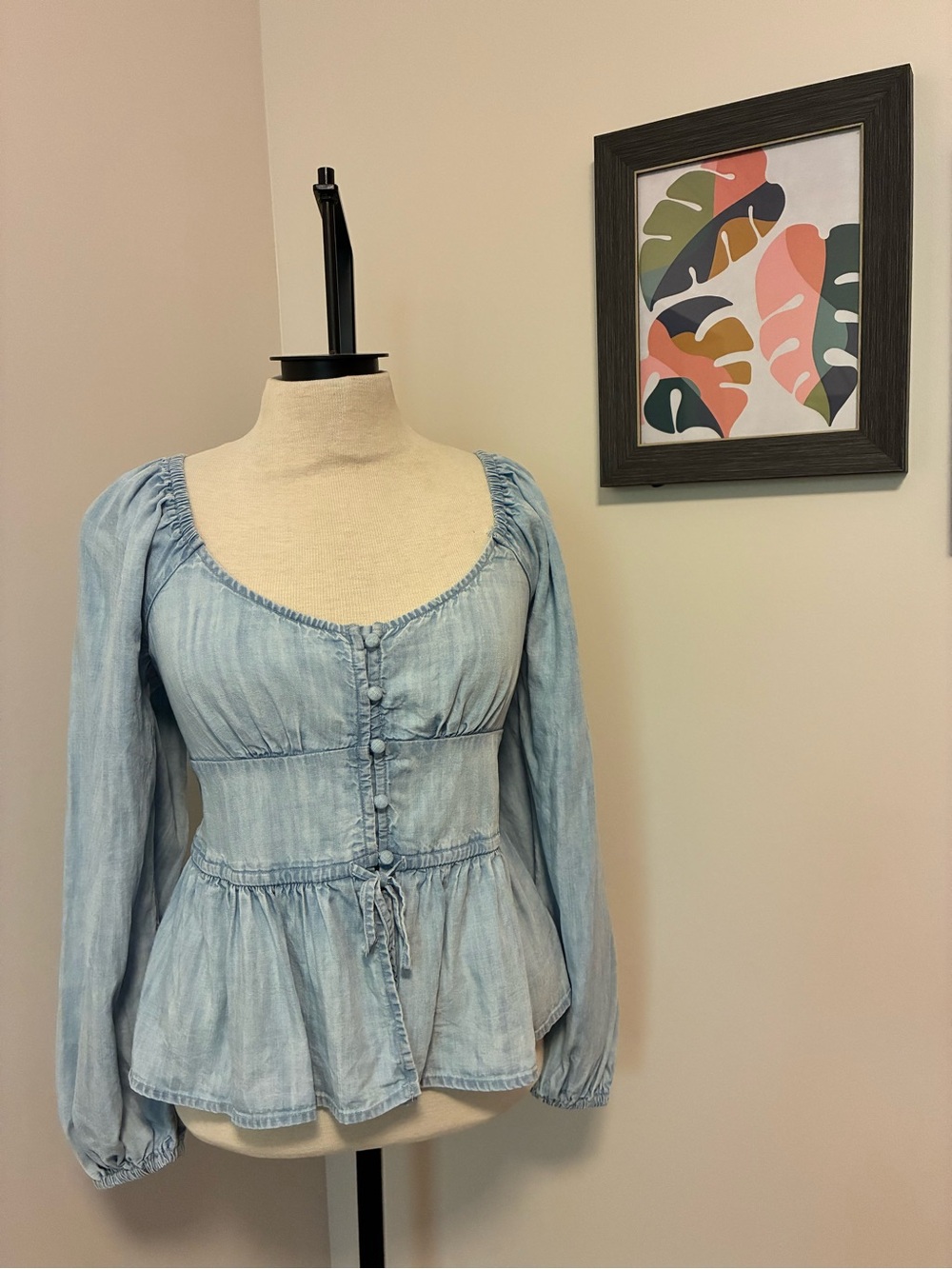 aerie Light Blue Peplum Button-Front Blouse